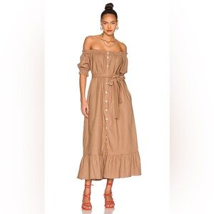 Tularosa Kami Off-Shoulder Button-Front Midi Dress with Tie Waist in Hazelnut